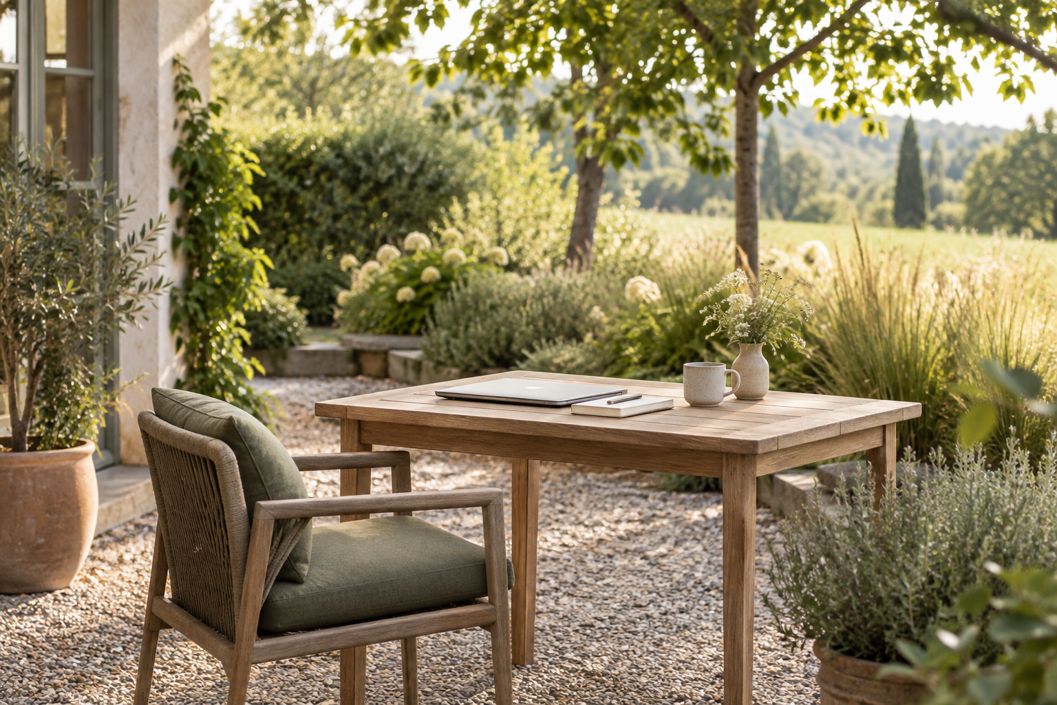 Arbeitsplatz auf einer Gartenterrasse mit Holztisch, Laptop und Notizbuch