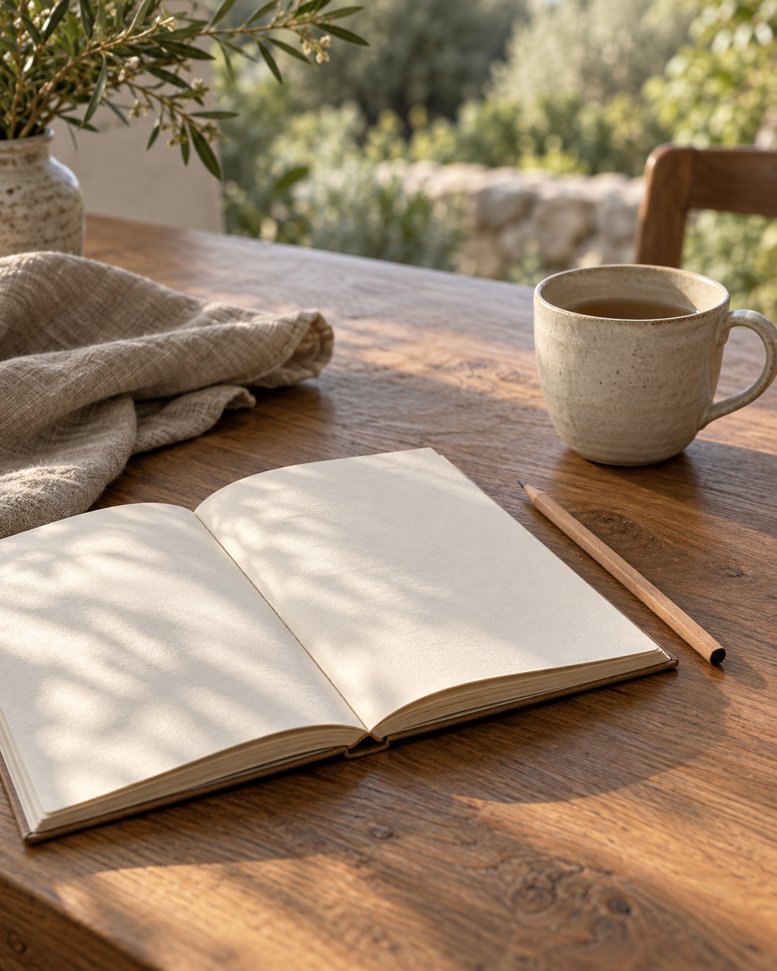 Offenes Notizbuch und Bleistift auf einem Holztisch im warmen Tageslicht